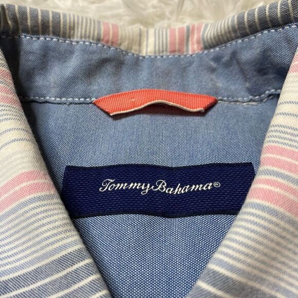 Tommy Bahama Shirt 100% Cotton Stripe Pink Blue Short Sleeve Hawaiian Camp Fishi - Picture 3 of 9